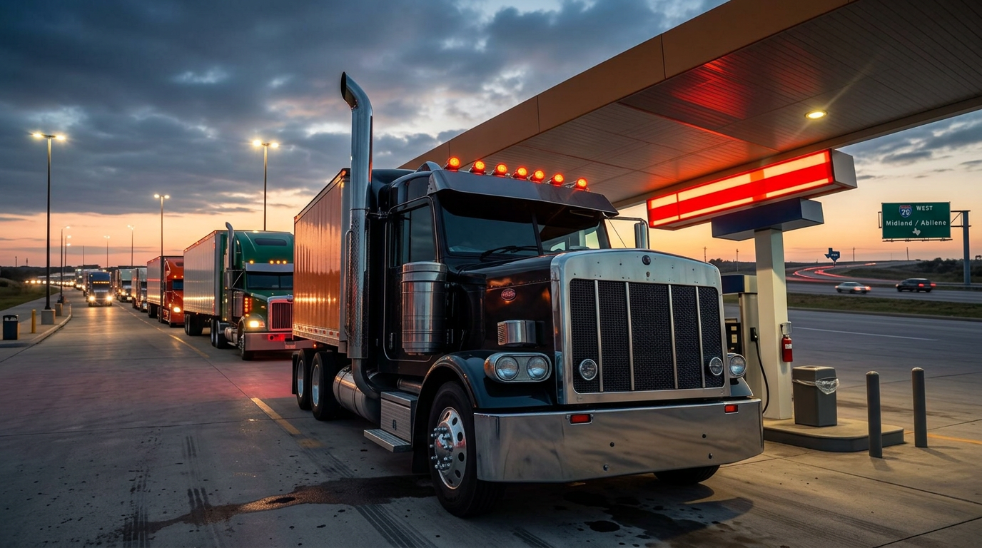 Semi-truck idling at a Central Texas fuel pump